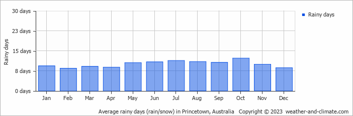 Average monthly rainy days in Princetown, Australia
