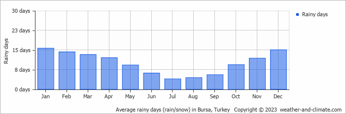 Average monthly rainy days in Bursa, Turkey