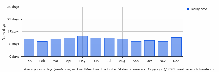 Average monthly rainy days in Broad Meadows, the United States of America