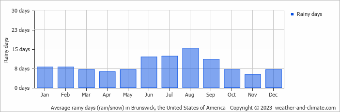 Average monthly rainy days in Brunswick, the United States of America