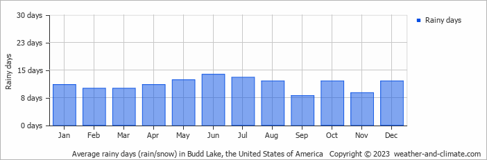 Average monthly rainy days in Budd Lake, the United States of America