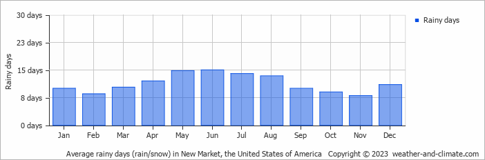 Average monthly rainy days in New Market, the United States of America