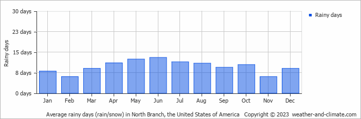 Average monthly rainy days in North Branch, the United States of America