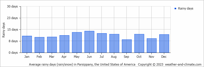 Average monthly rainy days in Parsippany, the United States of America