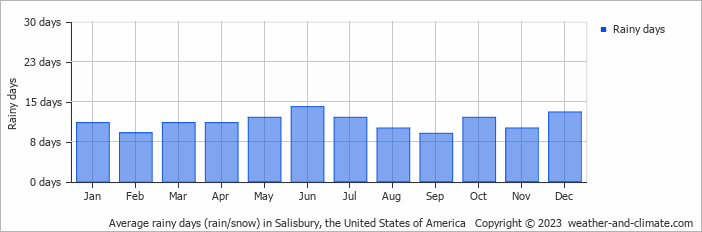 Average monthly rainy days in Salisbury, the United States of America