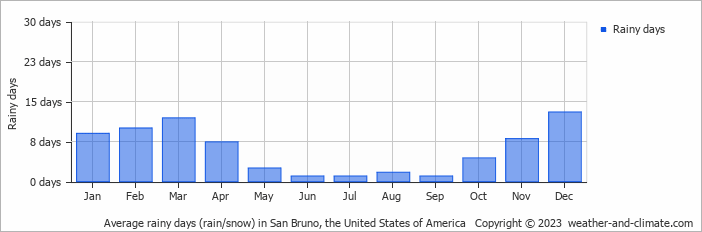 Average monthly rainy days in San Bruno, the United States of America