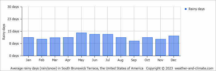 Average monthly rainy days in South Brunswick Terrace, the United States of America