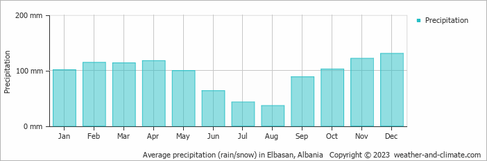 Average monthly rainfall, snow, precipitation in Elbasan, Albania