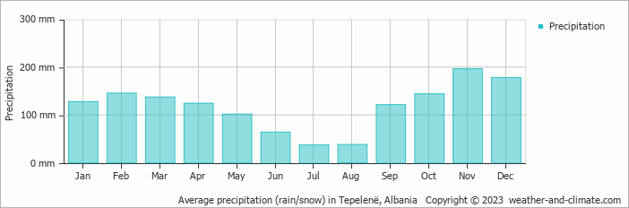 Average monthly rainfall, snow, precipitation in Tepelenë, 