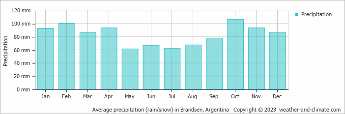 Average monthly rainfall, snow, precipitation in Brandsen, Argentina