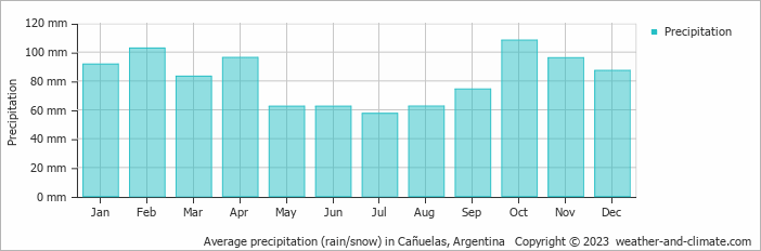 Average monthly rainfall, snow, precipitation in Cañuelas, 