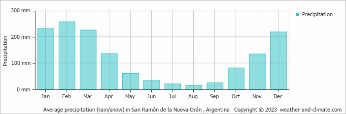 Average monthly rainfall, snow, precipitation in San Ramón de la Nueva Orán , 