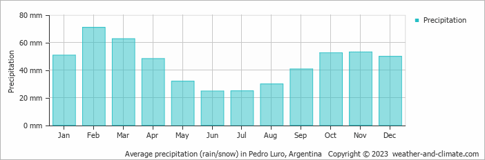 Average monthly rainfall, snow, precipitation in Pedro Luro, Argentina