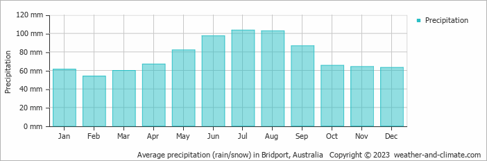 Average monthly rainfall, snow, precipitation in Bridport, Australia