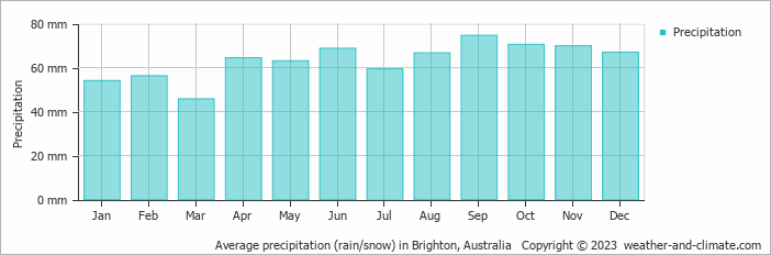 Average monthly rainfall, snow, precipitation in Brighton, Australia
