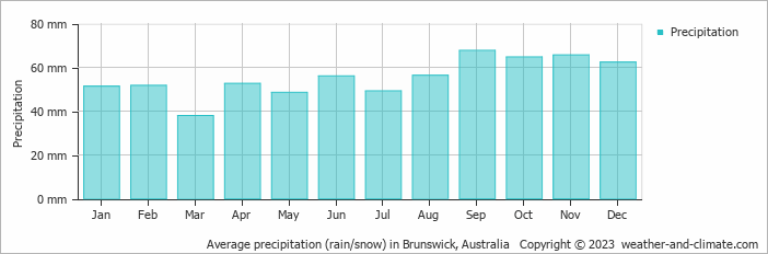 Average monthly rainfall, snow, precipitation in Brunswick, Australia