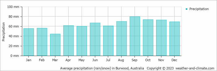 Average monthly rainfall, snow, precipitation in Burwood, Australia