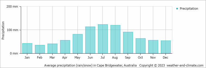Average monthly rainfall, snow, precipitation in Cape Bridgewater, Australia