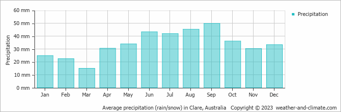 Average monthly rainfall, snow, precipitation in Clare, Australia
