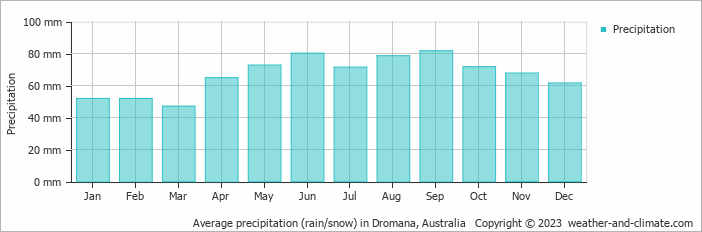 Average monthly rainfall, snow, precipitation in Dromana, 