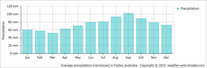 Average monthly rainfall, snow, precipitation in Foster, Australia