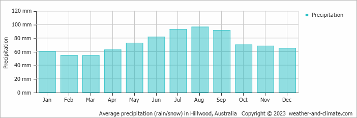 Average monthly rainfall, snow, precipitation in Hillwood, Australia
