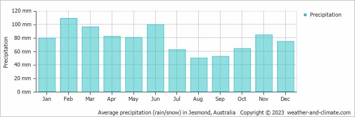 Average monthly rainfall, snow, precipitation in Jesmond, 