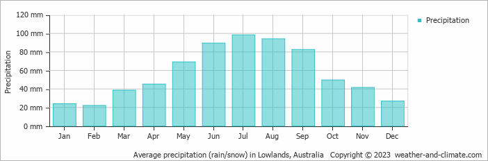Average monthly rainfall, snow, precipitation in Lowlands, Australia