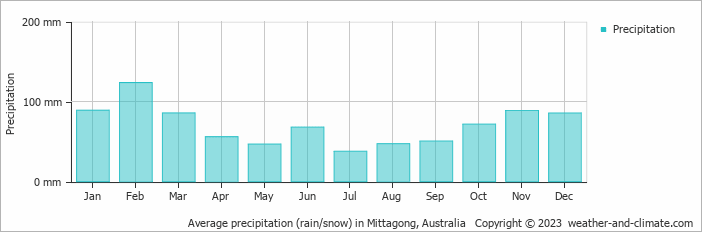 Average monthly rainfall, snow, precipitation in Mittagong, Australia