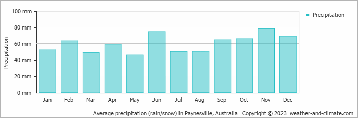 Average monthly rainfall, snow, precipitation in Paynesville, Australia