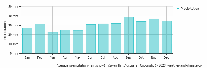 Average monthly rainfall, snow, precipitation in Swan Hill, Australia