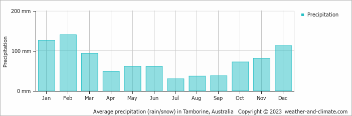 Average monthly rainfall, snow, precipitation in Tamborine, Australia