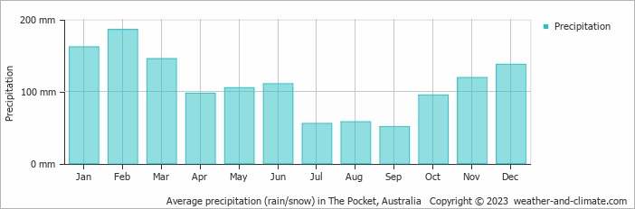 Average monthly rainfall, snow, precipitation in The Pocket, Australia