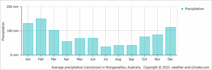 Average monthly rainfall, snow, precipitation in Wongawallan, Australia