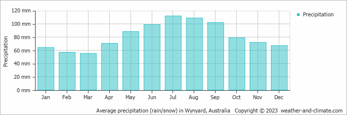 Average monthly rainfall, snow, precipitation in Wynyard, Australia
