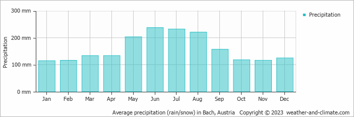 Average monthly rainfall, snow, precipitation in Bach, Austria