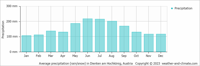 Average monthly rainfall, snow, precipitation in Dienten am Hochkönig, Austria