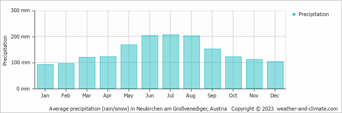 Average monthly rainfall, snow, precipitation in Neukirchen am Großvenediger, 