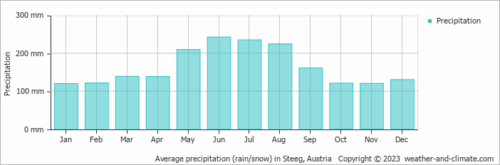 Average monthly rainfall, snow, precipitation in Steeg, Austria