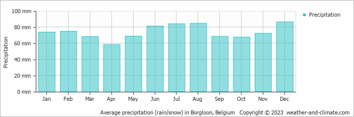 Average monthly rainfall, snow, precipitation in Borgloon, Belgium