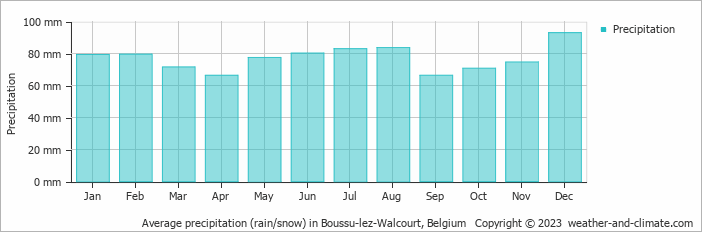 Average monthly rainfall, snow, precipitation in Boussu-lez-Walcourt, Belgium