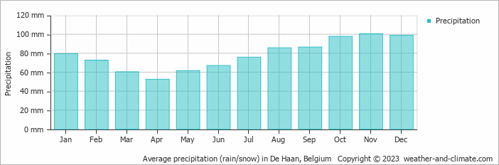 Average monthly rainfall, snow, precipitation in De Haan, 