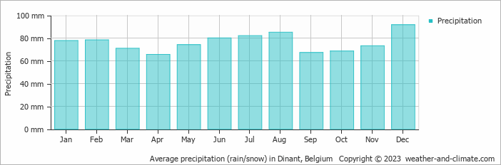Average monthly rainfall, snow, precipitation in Dinant, Belgium