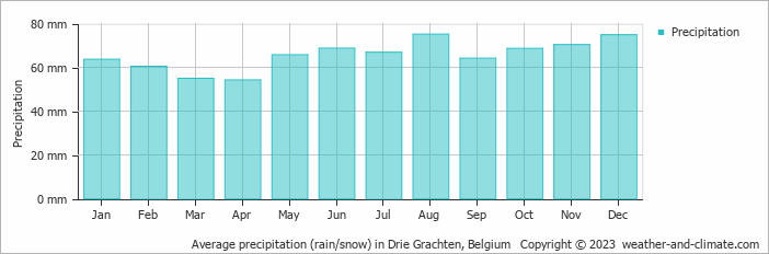 Average monthly rainfall, snow, precipitation in Drie Grachten, Belgium