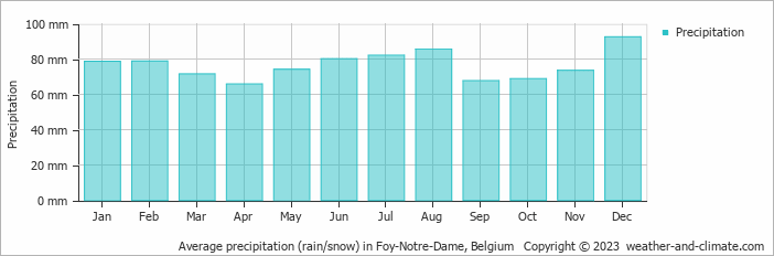Average monthly rainfall, snow, precipitation in Foy-Notre-Dame, Belgium
