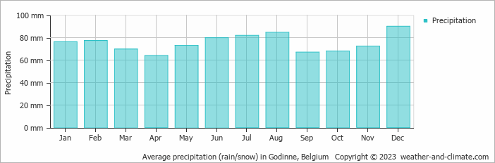 Average monthly rainfall, snow, precipitation in Godinne, Belgium