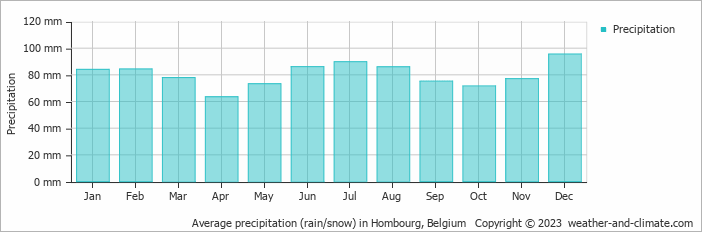 Average monthly rainfall, snow, precipitation in Hombourg, Belgium