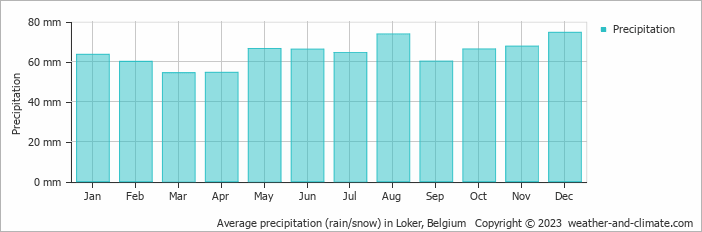 Average monthly rainfall, snow, precipitation in Loker, 