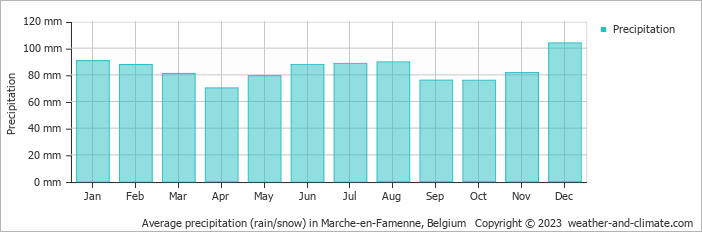 Average monthly rainfall, snow, precipitation in Marche-en-Famenne, Belgium
