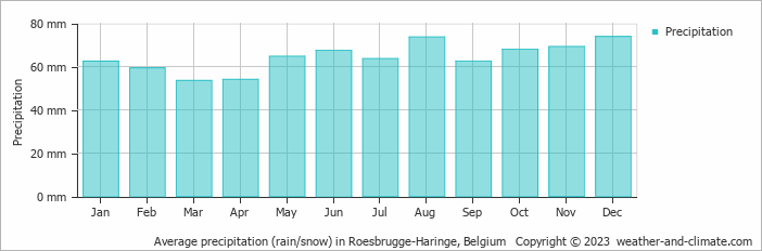 Average monthly rainfall, snow, precipitation in Roesbrugge-Haringe, Belgium